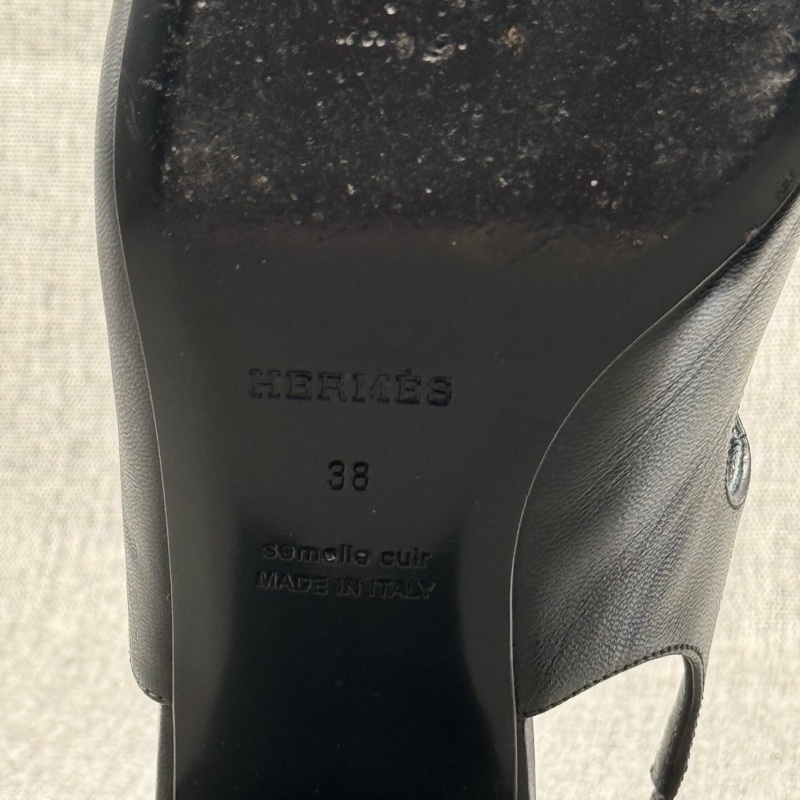 Hermes 愛馬仕 女鞋 瑪麗珍鞋 H扣 復古黑色皮鞋 高跟 粗跟涼鞋 38碼-6