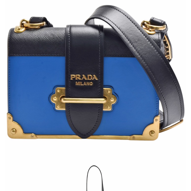 市售價89000  正品PRADA 雙色牛皮掀蓋斜背包(黑/藍色)-0