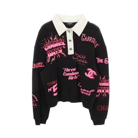 香奈兒 (CHANEL) Logo 印花亮片 Polo 衫 P70689V62077 純棉 黑色 粉紅色 二手 女款 S 碼