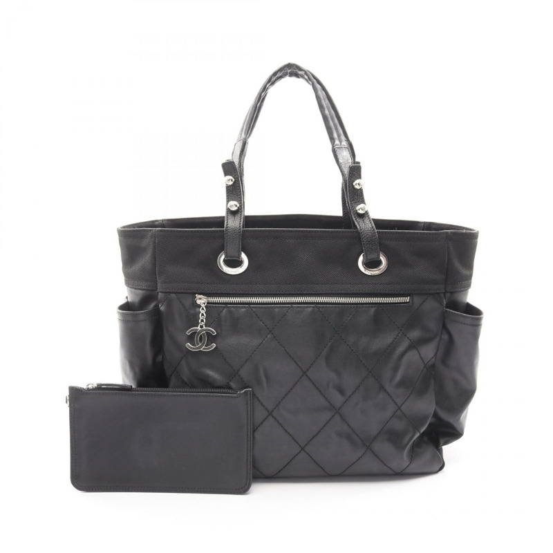 香奈兒 (CHANEL) Paris Biarritz MM 手提包,黑色,皮革/PVC塗層帆布,二手,女士,帶五金配件-0