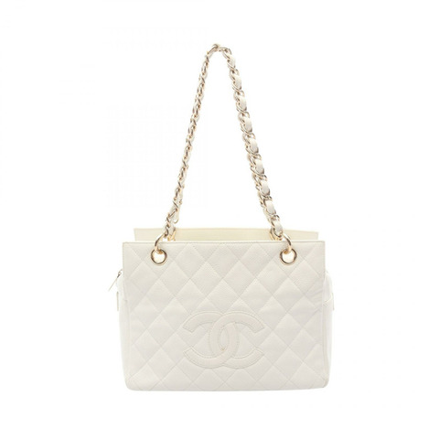 香奈兒 (CHANEL) 絎縫鏈條肩背包，粒面小牛皮，白色，二手，金色五金 CC