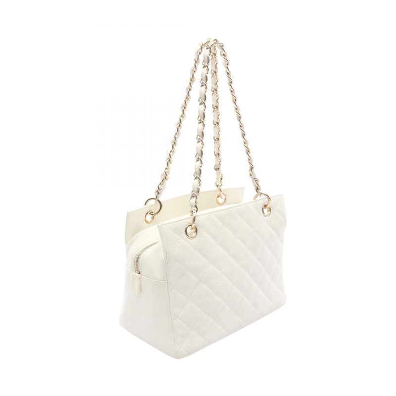 香奈兒 (CHANEL) 絎縫鏈條肩背包，粒面小牛皮，白色，二手，金色五金 CC-1