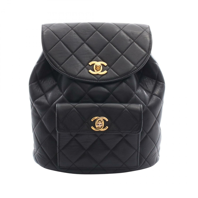 香奈兒 (CHANEL) 絎縫雙肩包,羊皮材質,黑色,二手,女士,金色五金-0