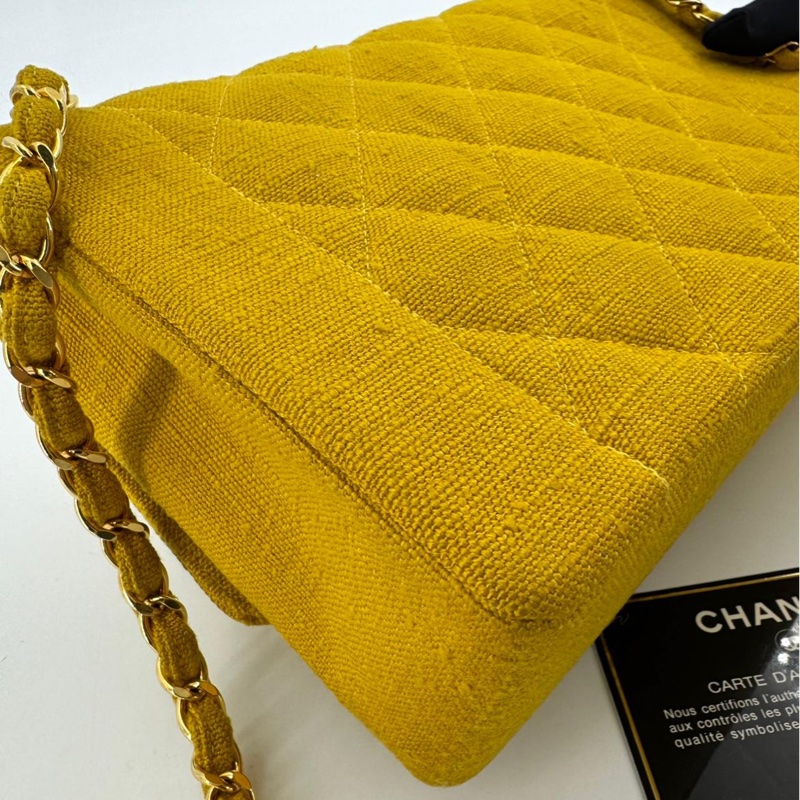 Chanel Vintage 91-94 Linen Matelassé 25 Yellow Small Shoulder Bag-9