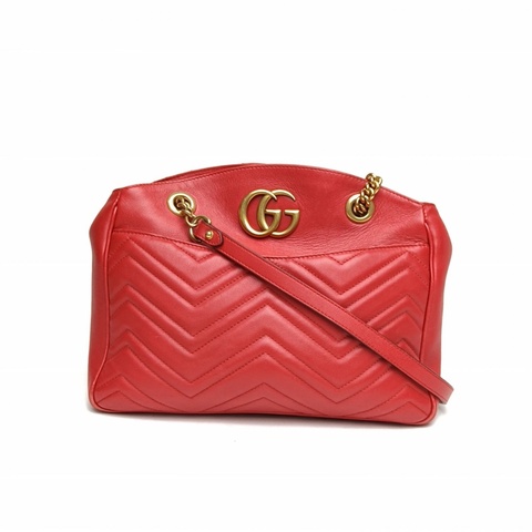 GUCCI GGMarmont磁吸扣Tote29紅色牛皮金扣肩背包