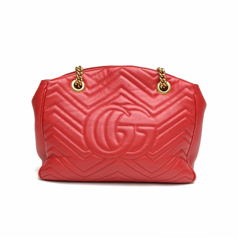 GUCCI GGMarmont磁吸扣Tote29紅色牛皮金扣肩背包-2