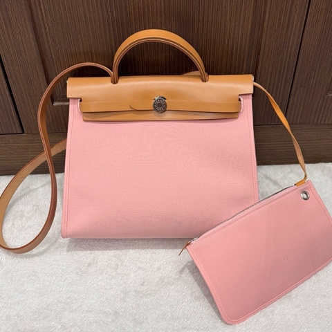 99新🌸Hermes愛馬仕櫻花粉帆布拼皮Herbag31 手提包單肩包斜背包 T刻 💝正品
