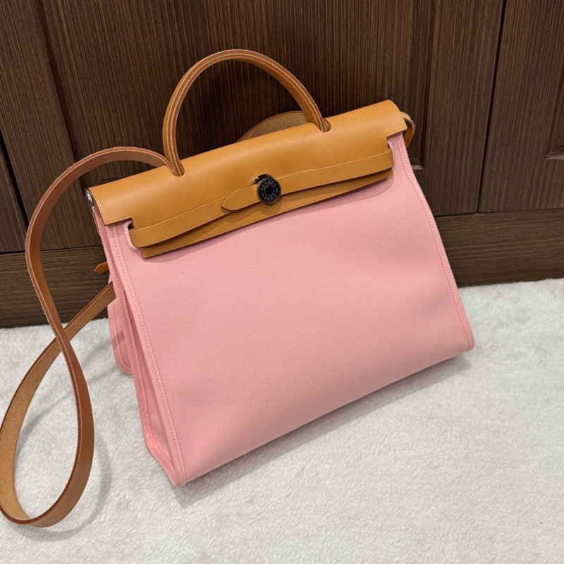 99新🌸Hermes愛馬仕櫻花粉帆布拼皮Herbag31 手提包單肩包斜背包 T刻 💝正品-1
