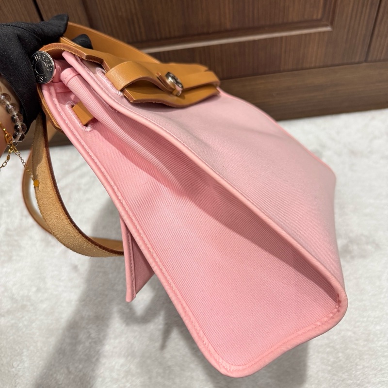 99新🌸Hermes愛馬仕櫻花粉帆布拼皮Herbag31 手提包單肩包斜背包 T刻 💝正品-3