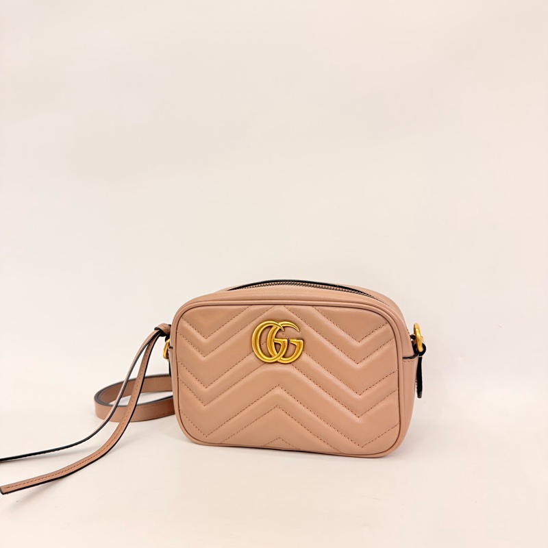 Gucci藕粉牛皮霧金馬夢拉鏈相機包-0