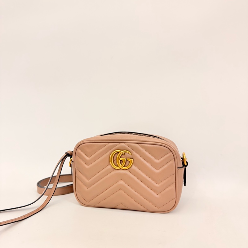 Gucci藕粉牛皮霧金馬夢拉鏈相機包-1
