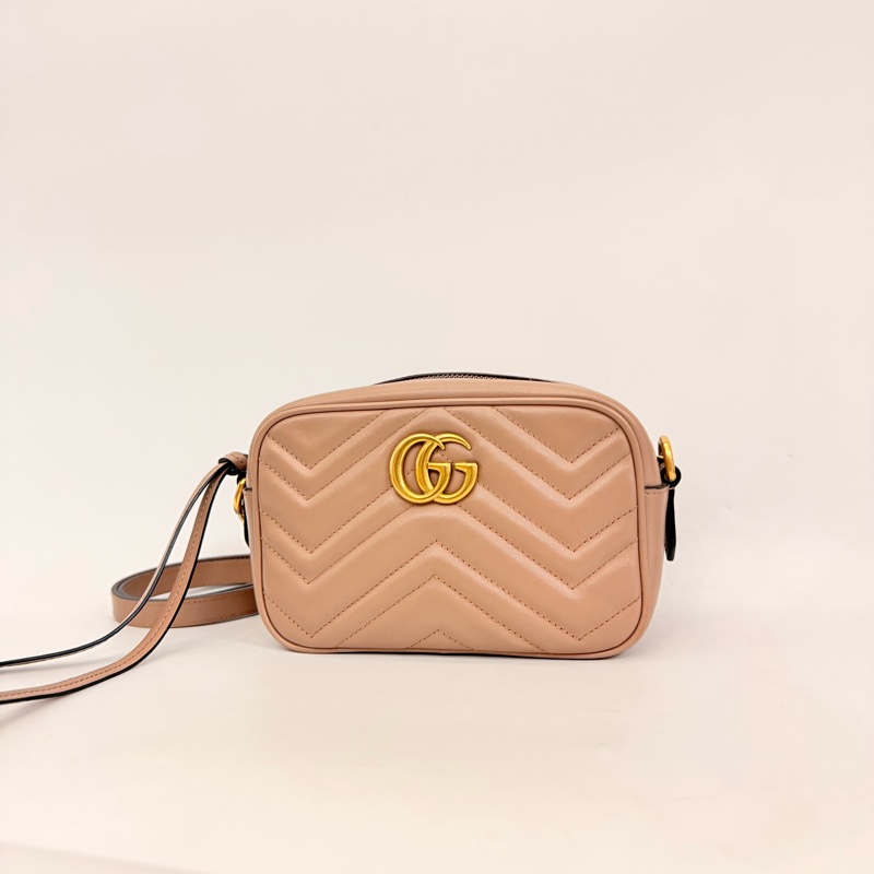 Gucci藕粉牛皮霧金馬夢拉鏈相機包-2