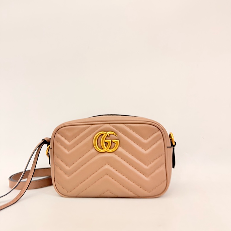 Gucci藕粉牛皮霧金馬夢拉鏈相機包-3