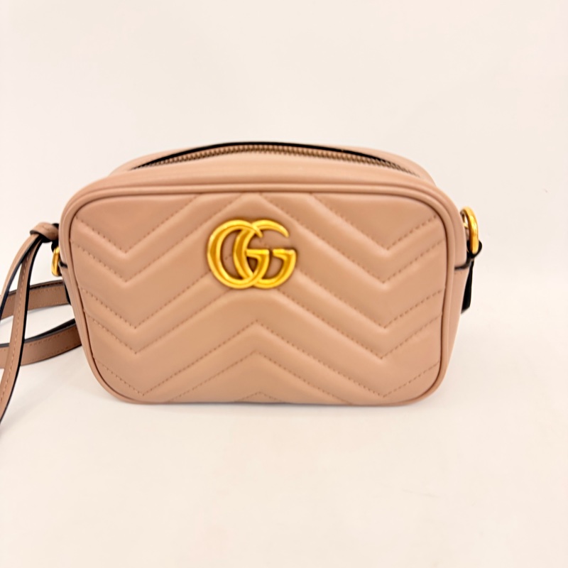 Gucci藕粉牛皮霧金馬夢拉鏈相機包-4
