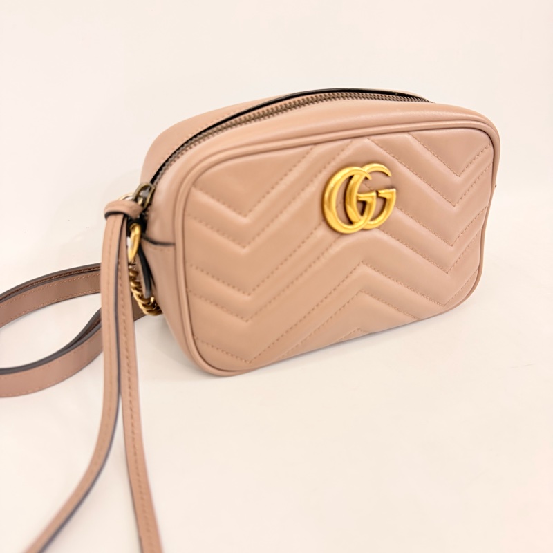 Gucci藕粉牛皮霧金馬夢拉鏈相機包-5