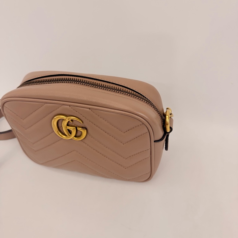 Gucci藕粉牛皮霧金馬夢拉鏈相機包-6