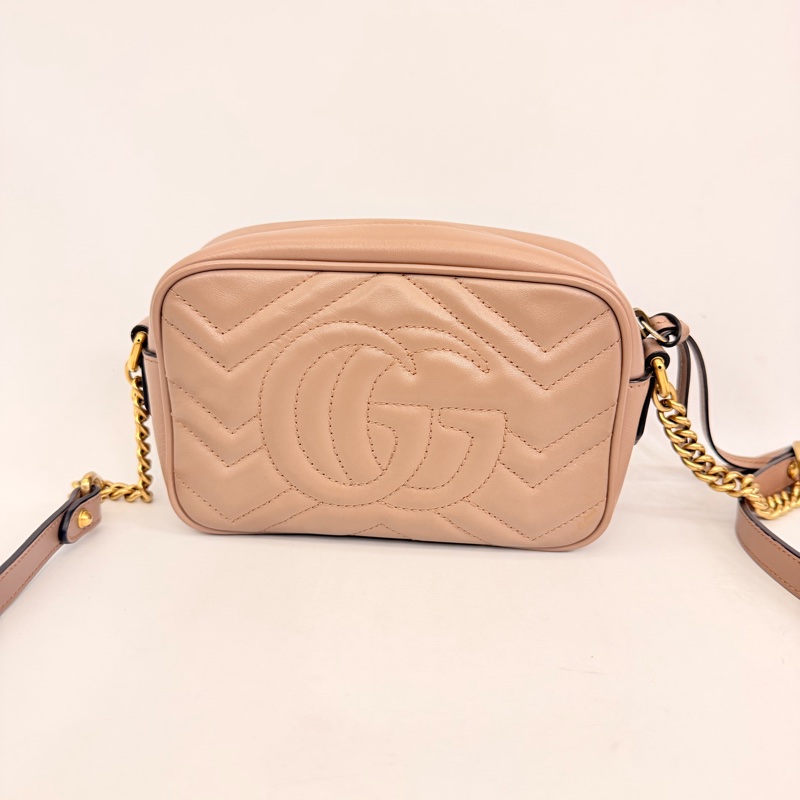 Gucci藕粉牛皮霧金馬夢拉鏈相機包-8