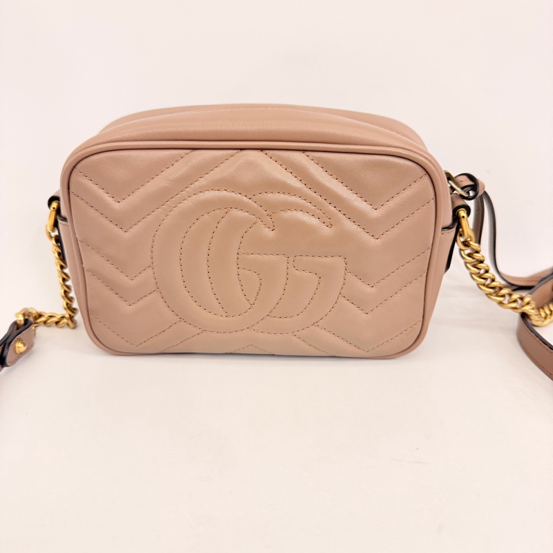Gucci藕粉牛皮霧金馬夢拉鏈相機包-9