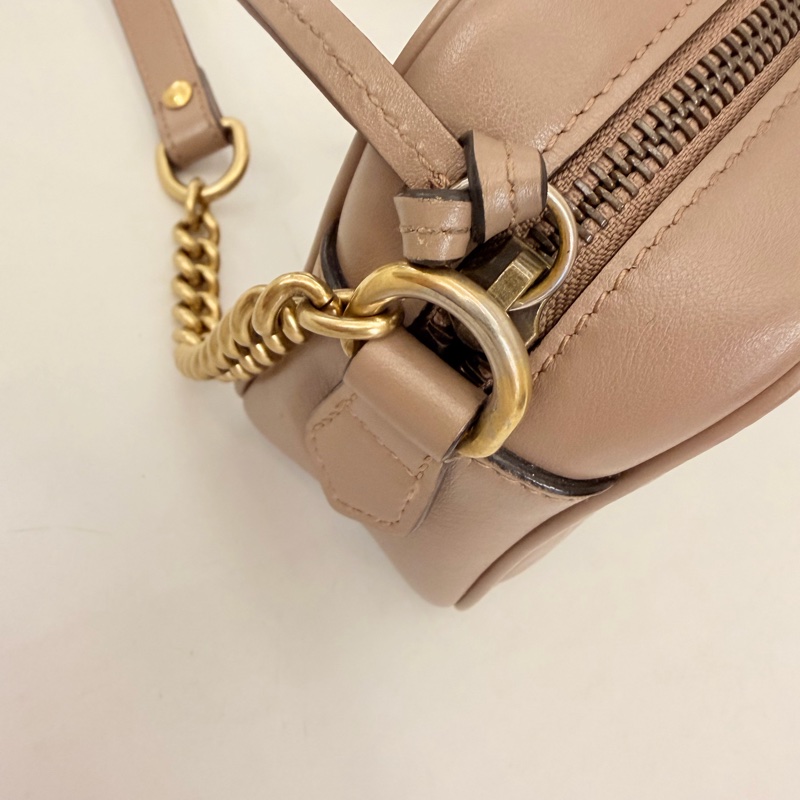 Gucci藕粉牛皮霧金馬夢拉鏈相機包-34