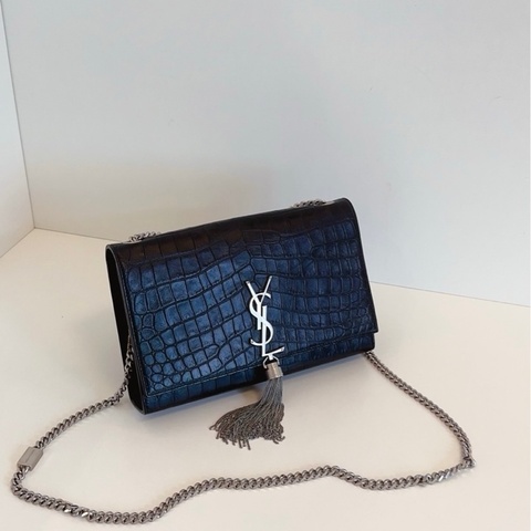 YSL 聖羅蘭 Kate 黑銀,流蘇鰐魚壓紋鏈條包,中號