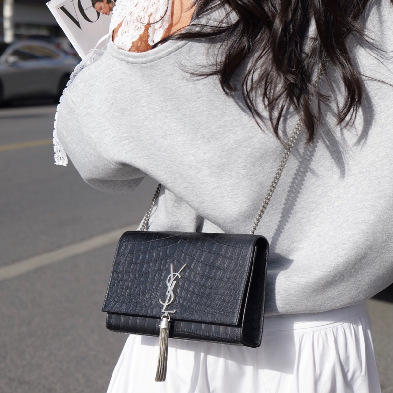 YSL 聖羅蘭 Kate 黑銀,流蘇鰐魚壓紋鏈條包,中號-7