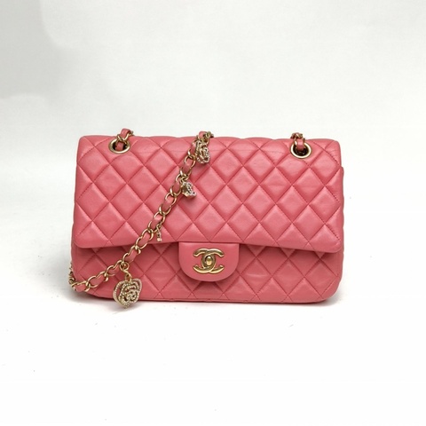 CHANEL 情人節CF經典口蓋包愛心水鑽粉色羊皮19開金扣