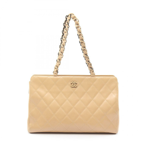 香奈兒 (CHANEL) 絎縫塑膠鏈條托特包，羊皮材質，米色/黑色，二手，金色五金