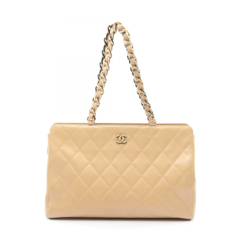 香奈兒 (CHANEL) 絎縫塑膠鏈條托特包,羊皮材質,米色/黑色,二手,金色五金-0