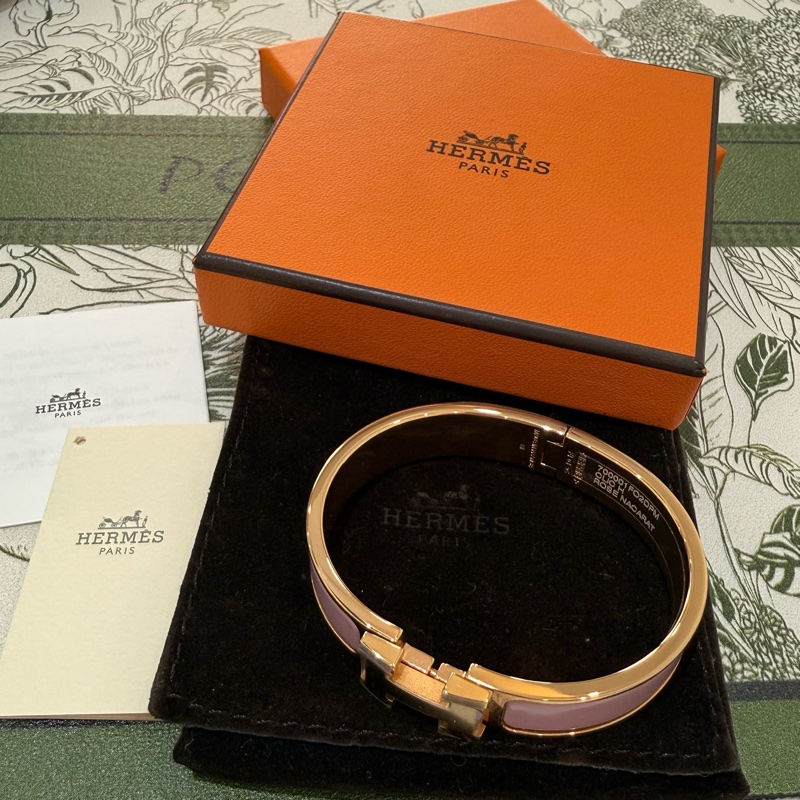 🍙閒置品 九成新🍙Hermes Clic H窄版PM琺瑯手鐲 Gold Pink配金色-0