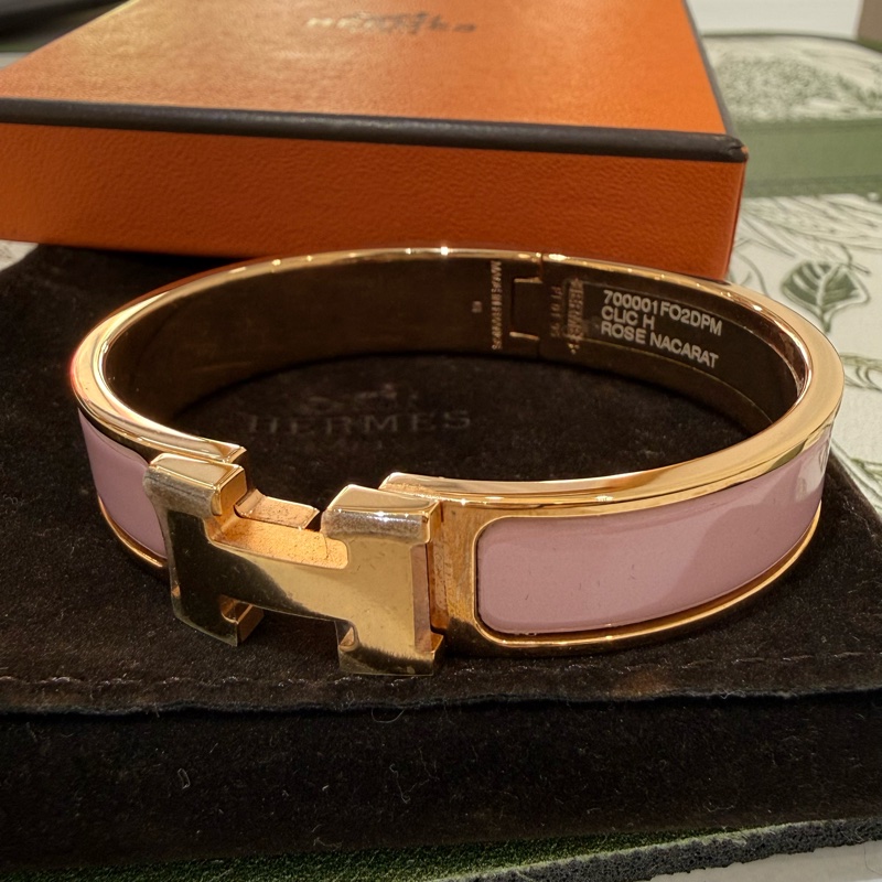🍙閒置品 九成新🍙Hermes Clic H窄版PM琺瑯手鐲 Gold Pink配金色-1