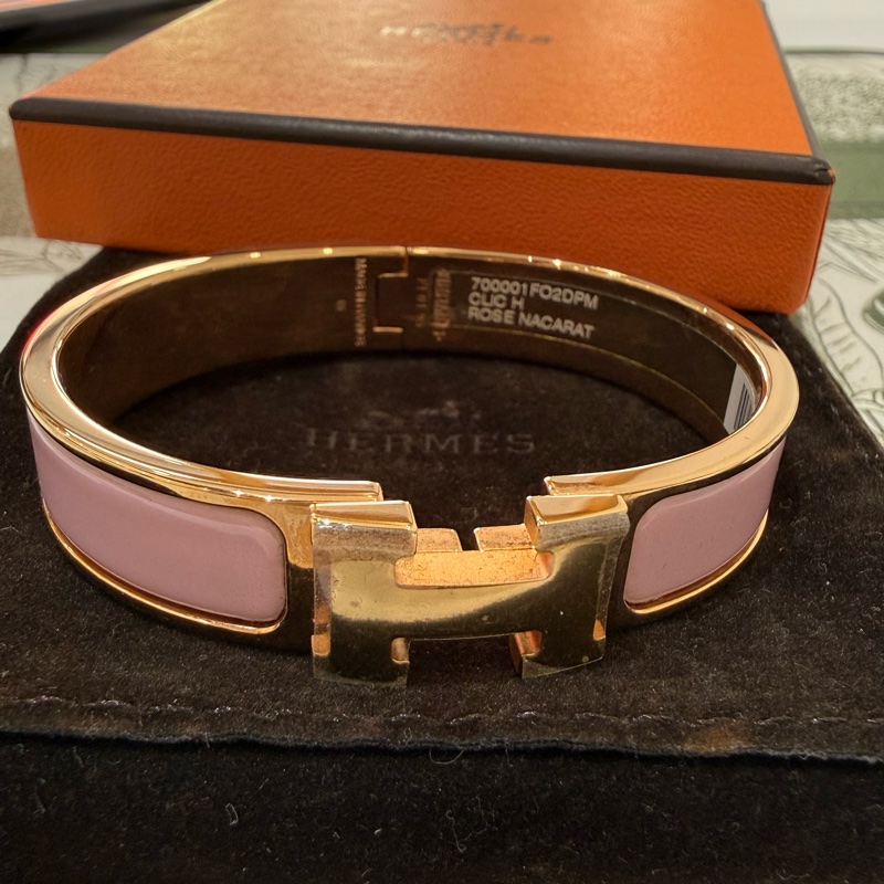 🍙閒置品 九成新🍙Hermes Clic H窄版PM琺瑯手鐲 Gold Pink配金色-6