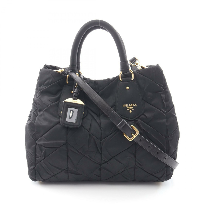 PRADA 絎縫單肩斜背包 尼龍黑色 金色五金 二手 女士-0