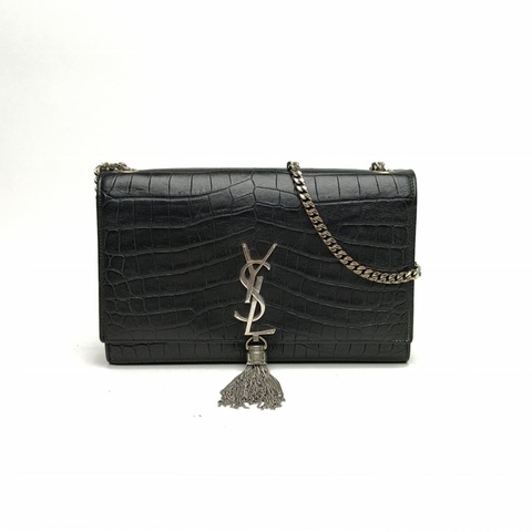 SAINT LAURENT KATE中號24鱷魚壓紋流蘇黑色牛皮銀扣肩背包