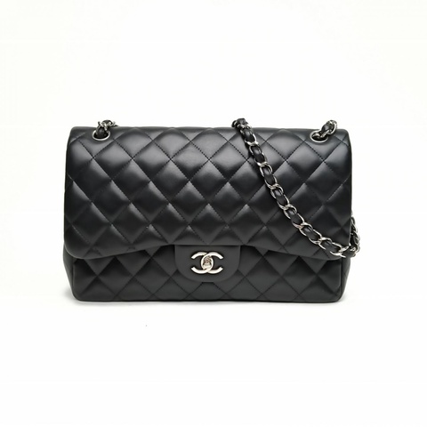 CHANEL CF口蓋包JUMBO黑色羊皮16開銀扣