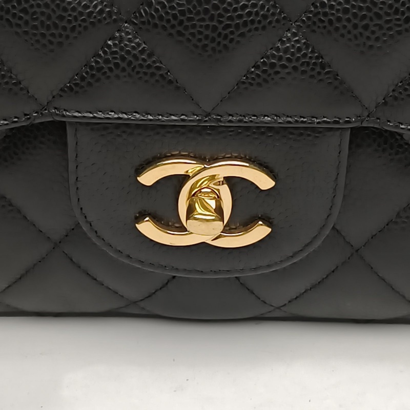 CHANEL CF口蓋包JUMBO黑色荔枝牛皮19開金扣菱格紋-4
