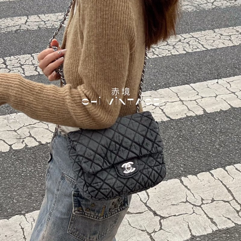 CHANEL 水洗牛仔漸變灰方胖子肩背斜背包20*16*5 98新配件塵袋保卡-0