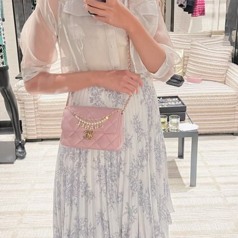 Chanel 方胖子珍珠字母手柄鏈條包 芯片款 粉紫色 金扣 羊皮18*13*8 99新配件盒子塵袋-0