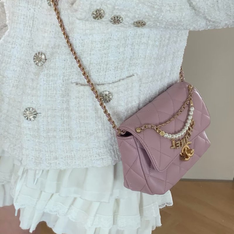 Chanel 方胖子珍珠字母手柄鏈條包 芯片款 粉紫色 金扣 羊皮18*13*8 99新配件盒子塵袋-1