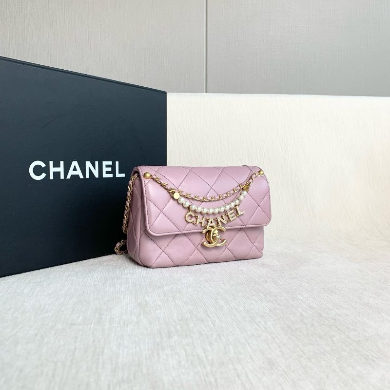 Chanel 方胖子珍珠字母手柄鏈條包 芯片款 粉紫色 金扣 羊皮18*13*8 99新配件盒子塵袋-6