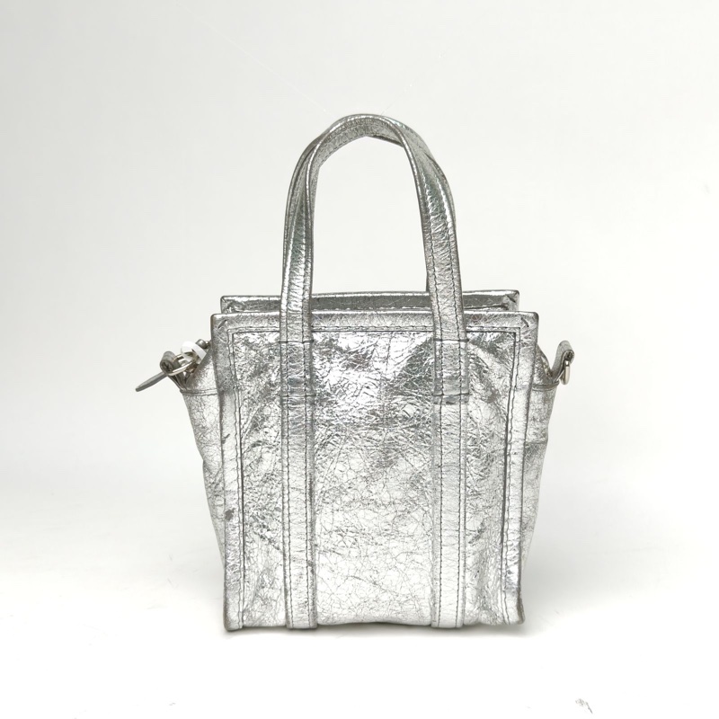 BALENCIAGA 銀色羊皮Bazar購物袋超小號肩背包-2