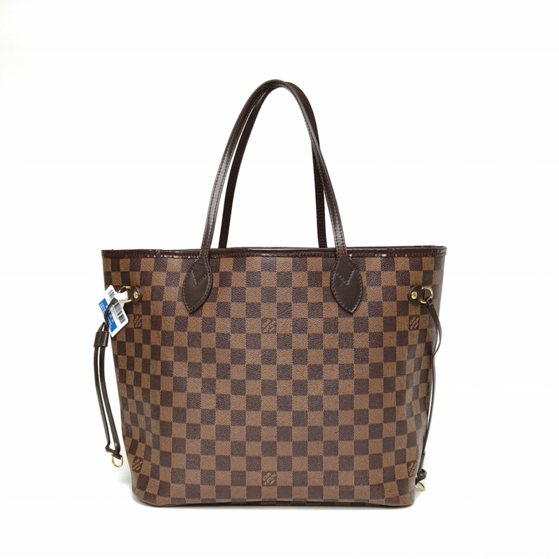 LOUIS VUITTON Neverfull中號棕色棋盤格無子袋PVC金扣肩背包2013-2