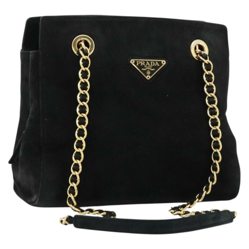 【日本直送】PRADA 鏈條單肩包 麂皮 黑色 金色 正品 176574V-0