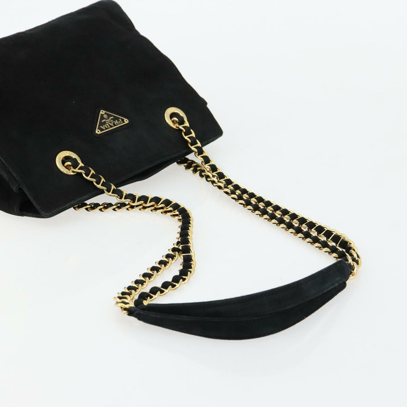 【日本直送】PRADA 鏈條單肩包 麂皮 黑色 金色 正品 176574V-6