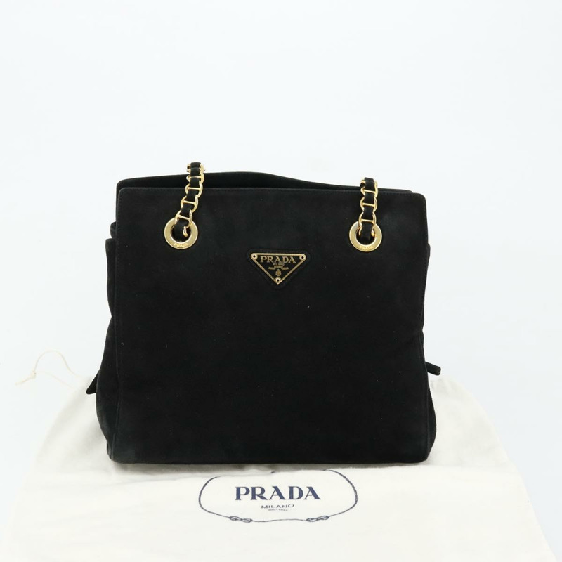 【日本直送】PRADA 鏈條單肩包 麂皮 黑色 金色 正品 176574V-11