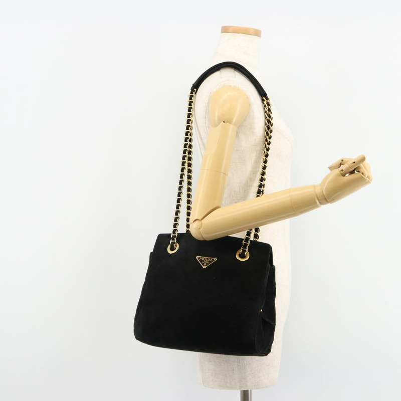 【日本直送】PRADA 鏈條單肩包 麂皮 黑色 金色 正品 176574V-27