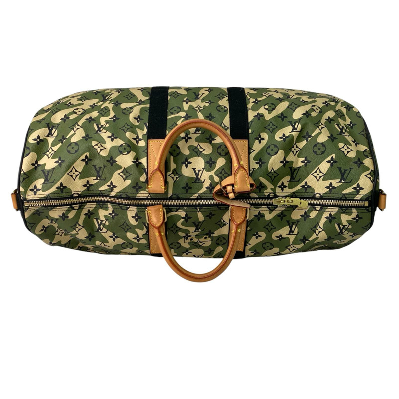 △ LOUIS VUITTON 路易·威登 Green Coated Canvas Monogramouflage Keepall Bandoulie 55 Takashi Murakami Boston Bag 綠色塗層帆布經典老花迷彩波士頓包 M95774-267010864-19
