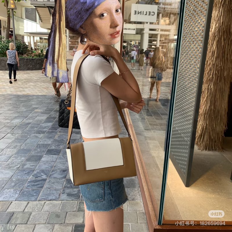 CELINE frame拼色金扣肩背豆腐包 25*15*11 98新配件塵袋吊牌-0