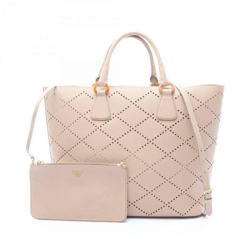 PRADA 打孔手提單肩斜背包,米色皮革,二手女款-0
