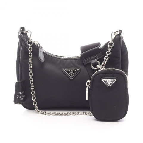 PRADA 2005 復刻版鏈條肩背包，尼龍 Saffiano 皮革，黑色，二手