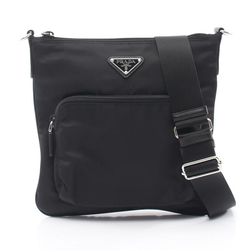 PRADA 三角形 logo 單肩斜背包,尼龍 Saffiano 皮革,黑色,二手-0
